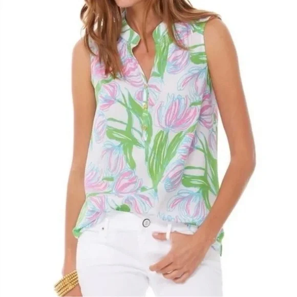 Lilly Pulitzer HOUSTON SLEEVELESS SILK BLOUSE Top Ring The Bellboy - Picture 1 of 6